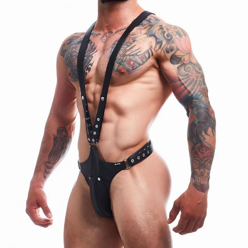 Men's Jockstrap Underwear Sexy Lingerie Harness Chest Bodysuit One-piece Jock with Removable Codpiece Big Bulge Adjustable Size.