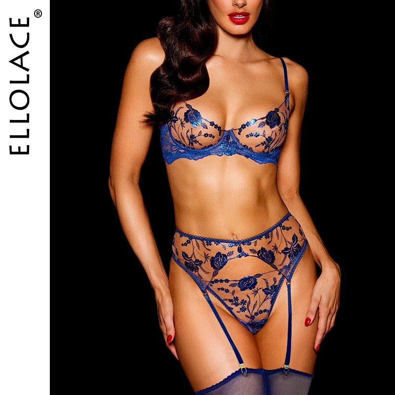 Ellolace Sensual Lingerie Erotic Transparent Bra Ultra Sexy 5-Piece Crotchless Thongs Attractive Chest Suspenders Underwear